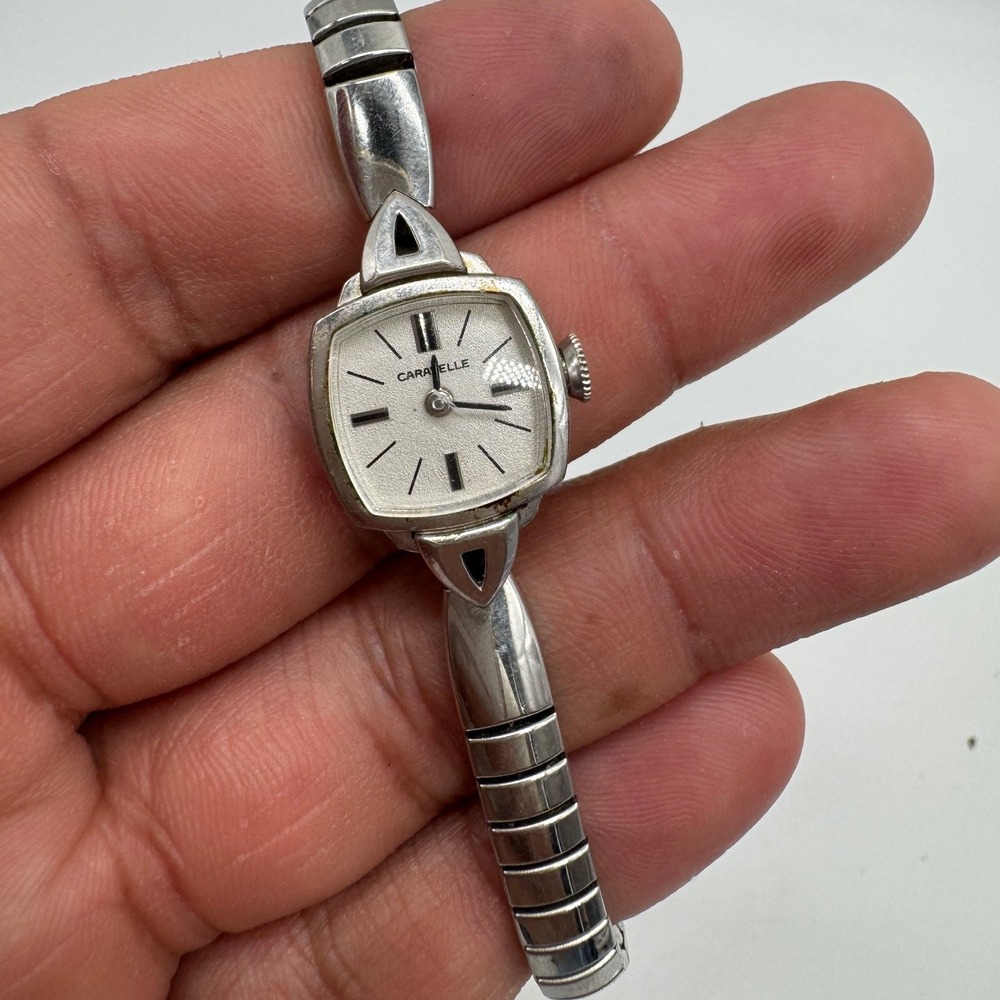 Vintage Caravelle‎ N7 Silver Tone Wind Up Cocktail Watch Working Movement Womens